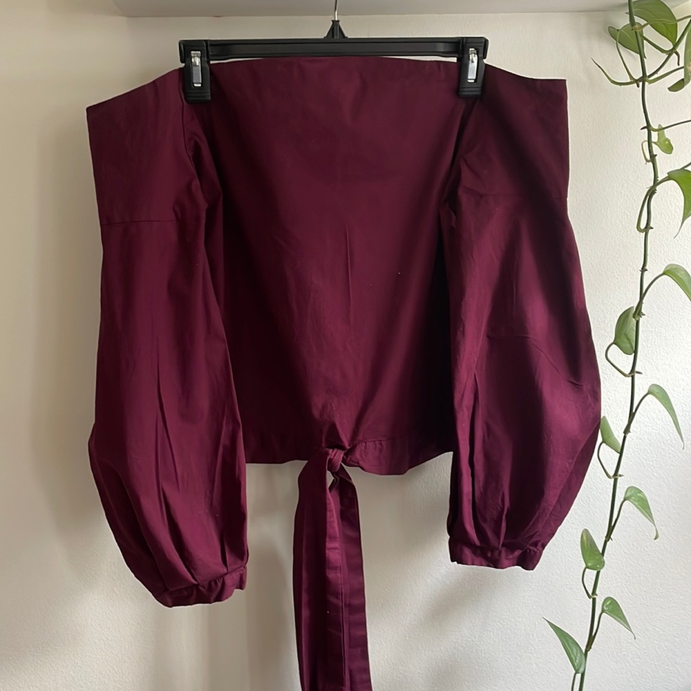 Farrow wine-colored cotton poplin off-the-shoulder top